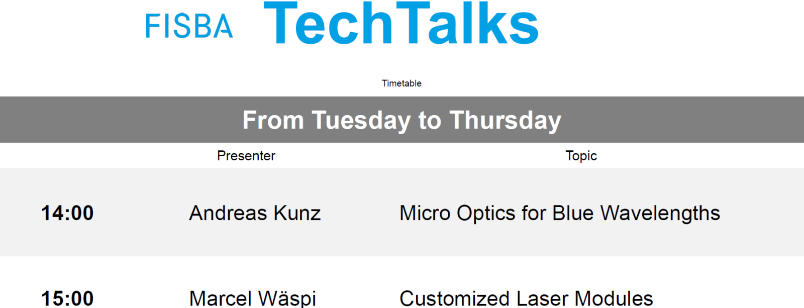 Timetable of our TechTalks at LASER World of PHOTONICS in Munich